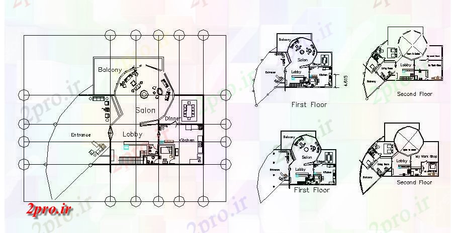 دانلود نقشه خانه های کوچک ، نگهبانی ، سازمانی - طرحی طبقه ویلا 18mtr X 15mtr با ابعاد جزئیات 42 در 56 متر (کد85329)