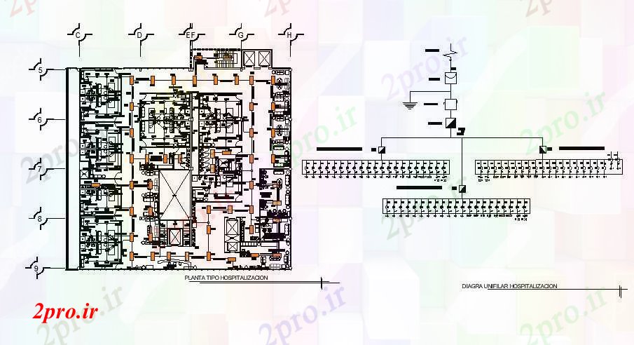 دانلود نقشه بیمارستان - درمانگاه - کلینیک طراحی برق از بیمارستان با ابعاد جزئیات 34 در 35 متر (کد85358)