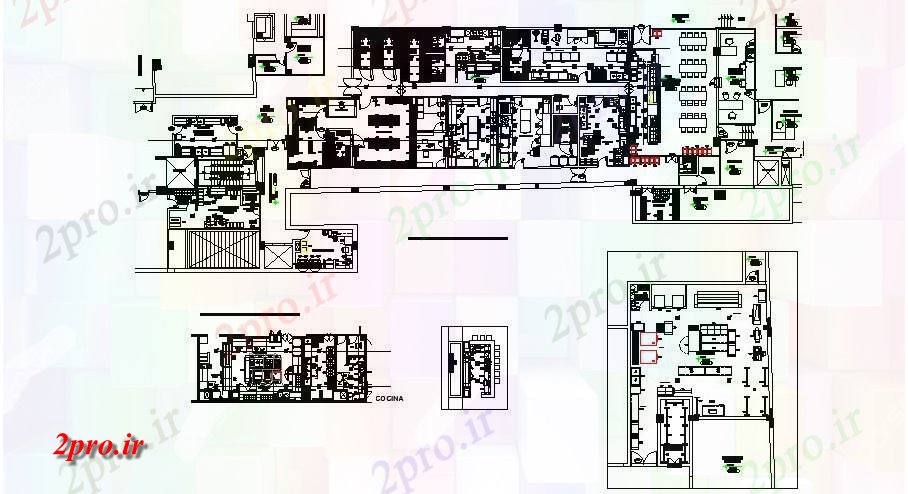 دانلود نقشه هتل - رستوران - اقامتگاه طرحی طبقه از هتل ساخت با ابعاد جزئیات 22 در 56 متر (کد85366)