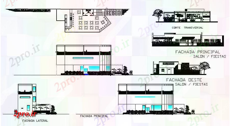 دانلود نقشه هتل - رستوران - اقامتگاه طرحی از کافه تریا با بخش و نما های مختلف 53 در 92 متر (کد85371)