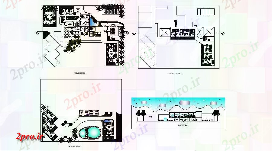دانلود نقشه هتل - رستوران - اقامتگاه طرحی هتل با بخش های مختلف 47 در 52 متر (کد85376)
