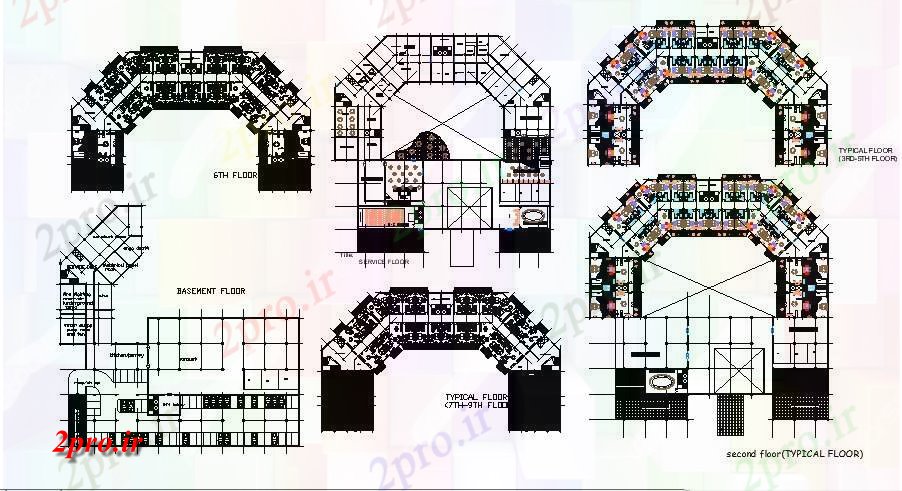 دانلود نقشه هتل - رستوران - اقامتگاه طرحی طبقه معمول از ساختمان چند طبقه هتل با ابعاد جزئیات 39 در 44 متر (کد85403)
