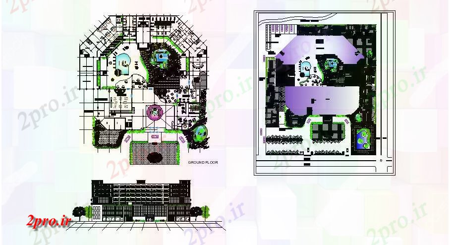 دانلود نقشه هتل - رستوران - اقامتگاه طرحی طبقه همکف ساختمان هتل با نما 39 در 44 متر (کد85404)