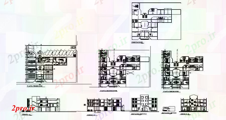 دانلود نقشه هتل - رستوران - اقامتگاه ساختمان هتل 3 طبقه با بخش و نما 31 در 36 متر (کد85424)