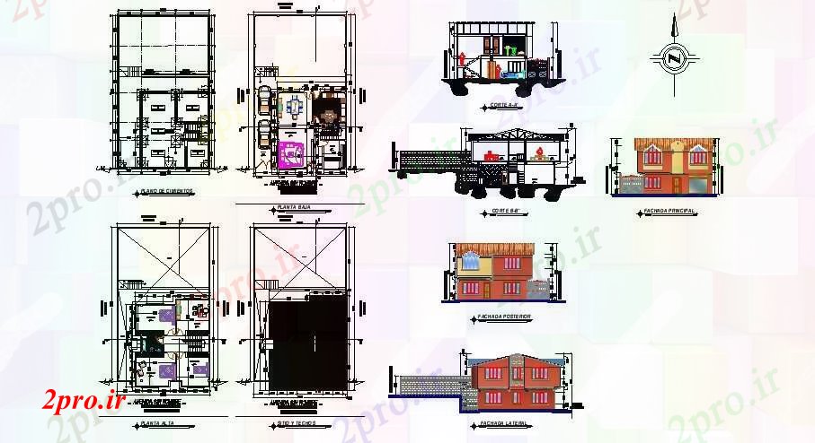 دانلود نقشه مسکونی ، ویلایی ، آپارتمان طرحی معماری خانه های مسکونی 1200mtr X 2000mtr با نما و بخش 9 در 11 متر (کد85429)