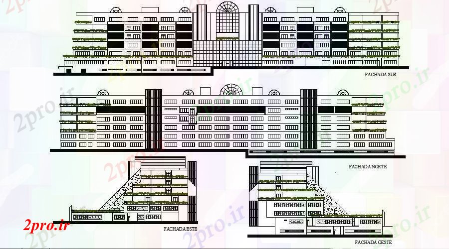 دانلود نقشه ساختمان مرتفع  از یک ساختمان چند طبقه با نما (کد85445)
