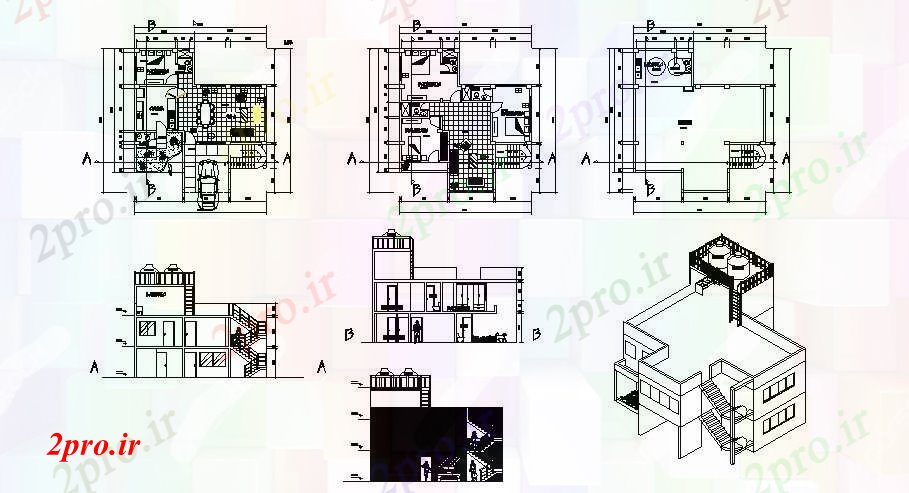 دانلود نقشه خانه های کوچک ، نگهبانی ، سازمانی - طرحی معماری ویلا 1200mtr X 1100mtr با نما و بخش 10 در 12 متر (کد85480)
