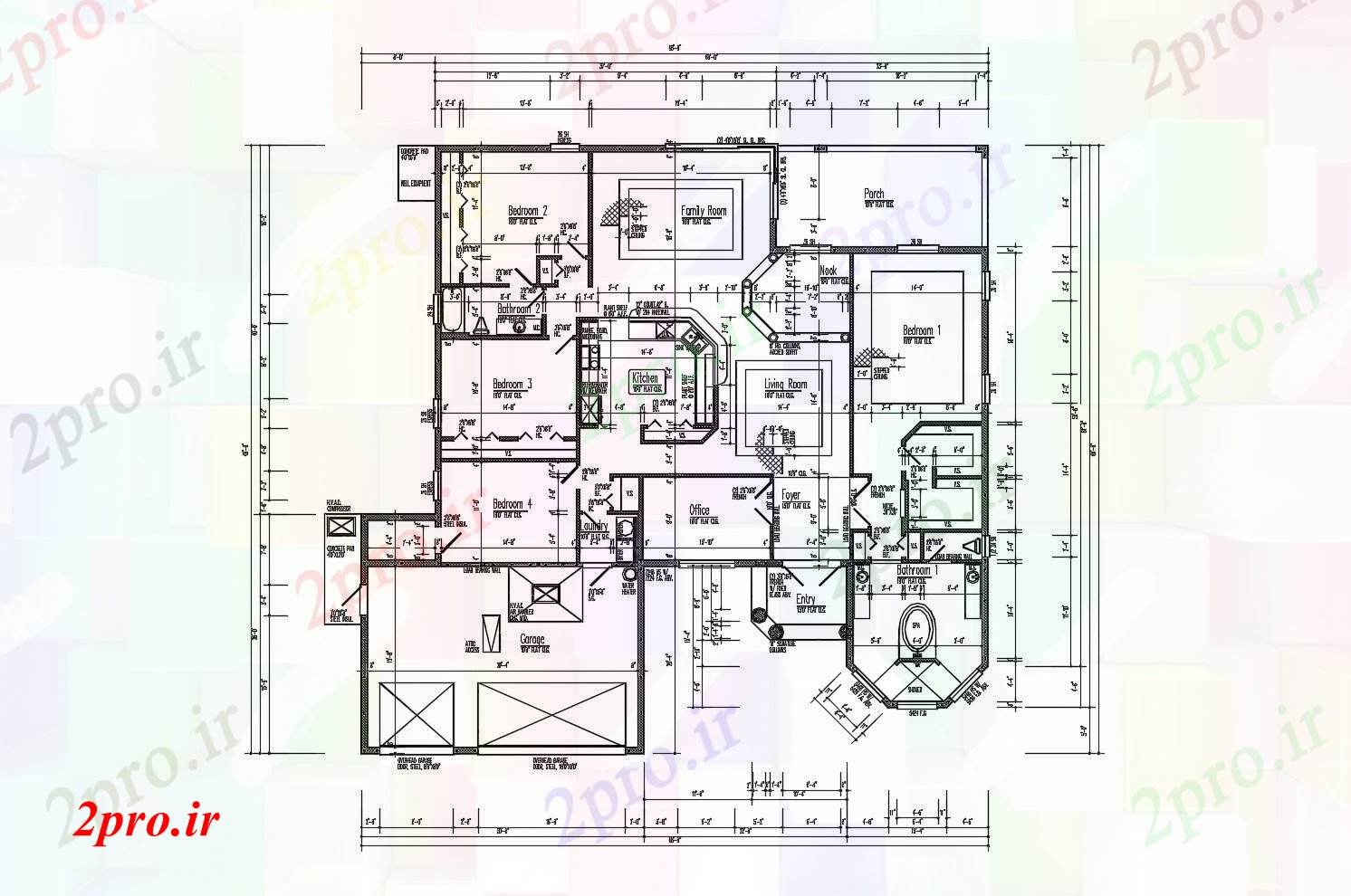 دانلود نقشه مسکونی ، ویلایی ، آپارتمان طرحی معماری خانه 68'0 '' X 66'0 '' با ابعاد جزئیات 79 در 83 متر (کد85550)