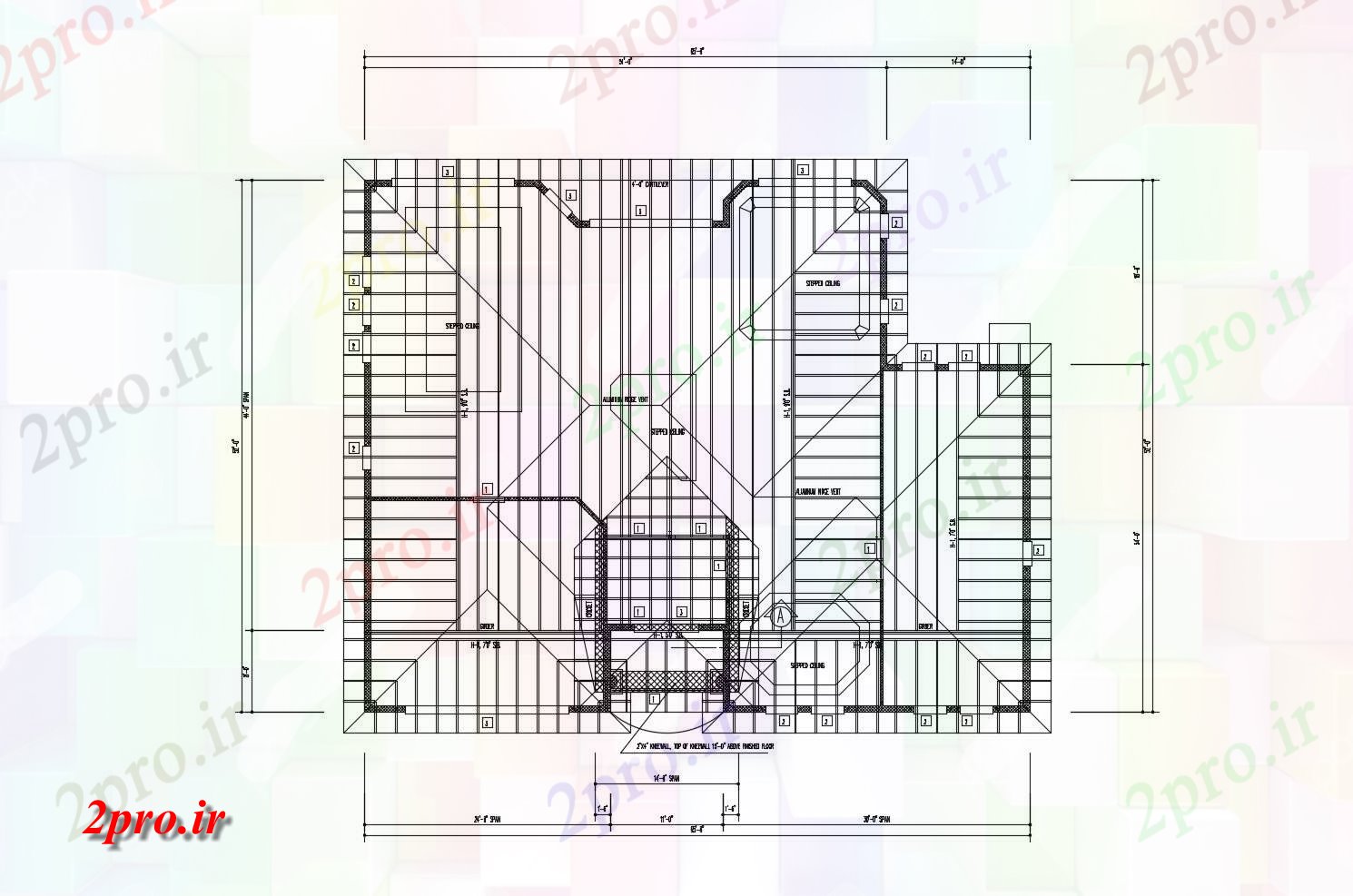 دانلود نقشه مسکونی ، ویلایی ، آپارتمان طرحی پشت بام خانه 65'0 '' X 52'0 '' با ابعاد جزئیات 62 در 78 متر (کد85551)