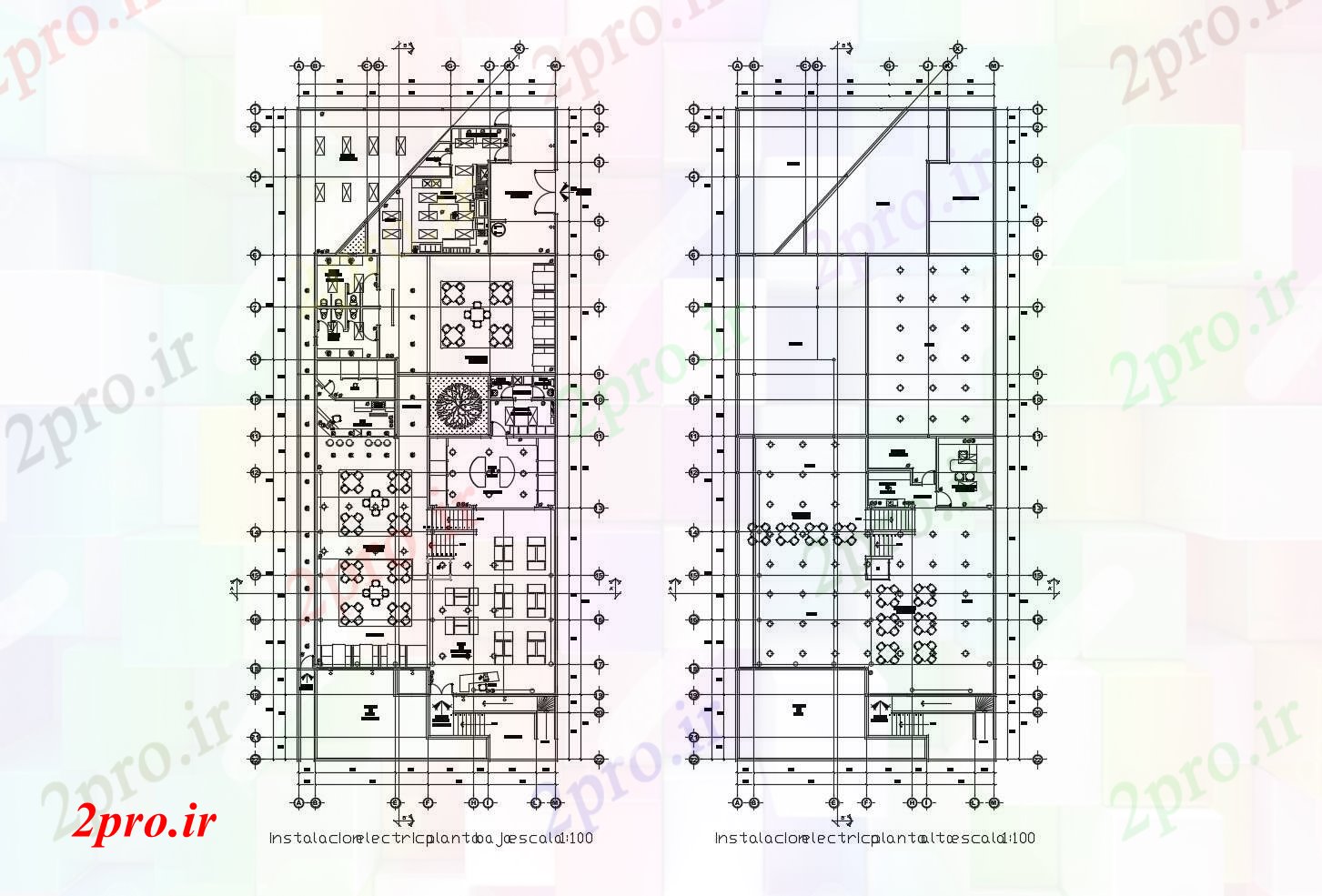 دانلود نقشه هتل - رستوران - اقامتگاه طراحی برق از رستوران با ابعاد جزئیات 17 در 44 متر (کد85559)