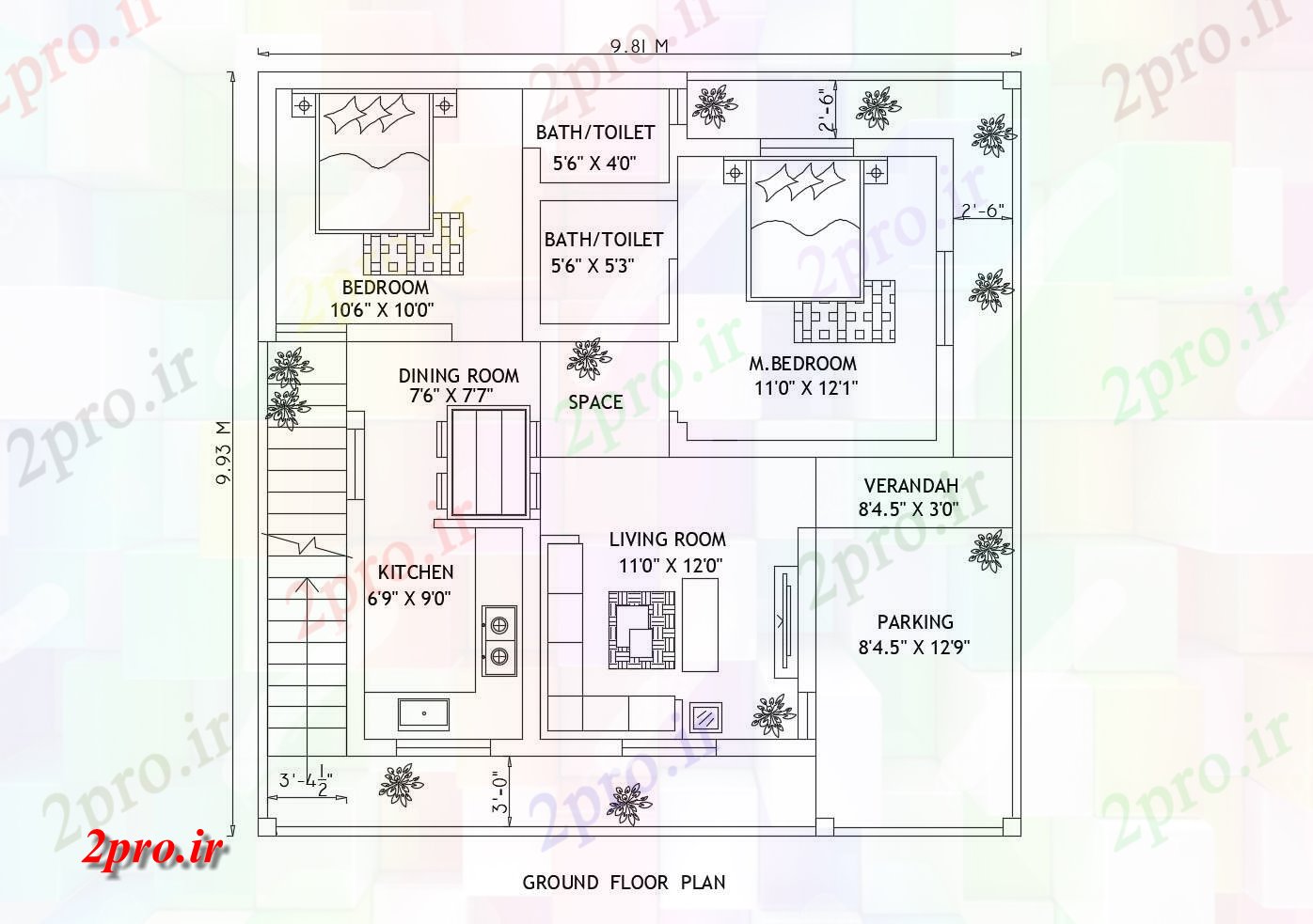 دانلود نقشه مسکونی ، ویلایی ، آپارتمان طرحی خانه های مسکونی 981mtr X 993mtr با جزئیات مبلمان 39 در 39 متر (کد85565)