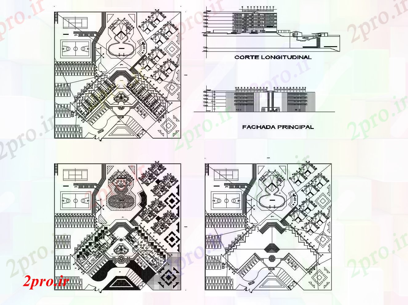 دانلود نقشه هتل - رستوران - اقامتگاه طراحی معماری هتل 100mtr X 100mtr با نما 9 در 34 متر (کد85578)