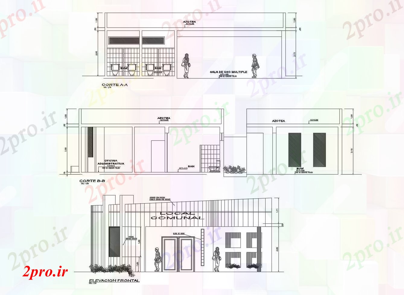 دانلود نقشه ساختمان اداری - تجاری - صنعتی نما از طراحی یک ساختمان اداری با ابعاد جزئیات 12 در 18 متر (کد85579)