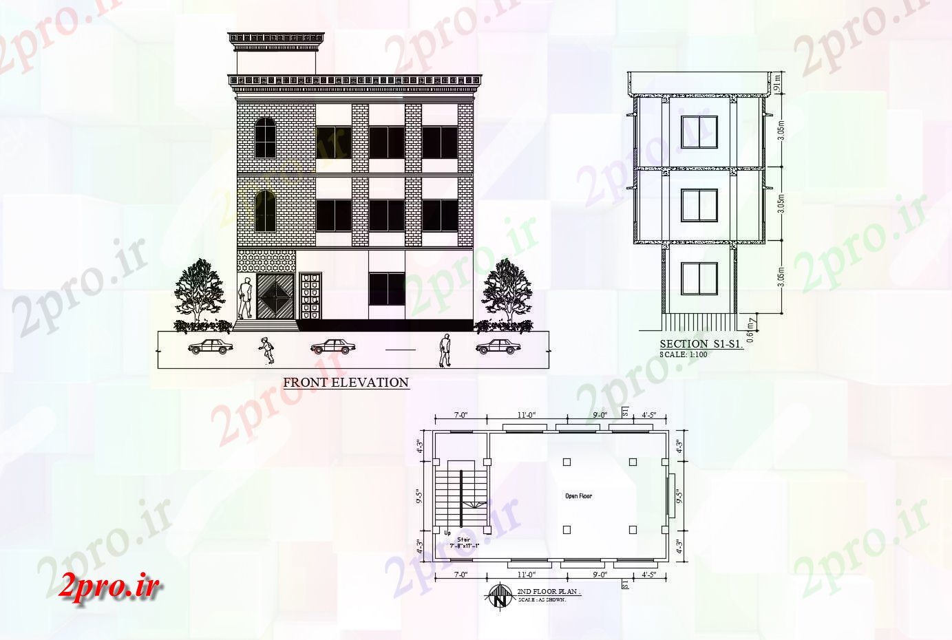 دانلود نقشه ساختمان اداری - تجاری - صنعتی طرحی طبقه از یک ساختمان اداری با نما و بخش 11 در 19 متر (کد85592)