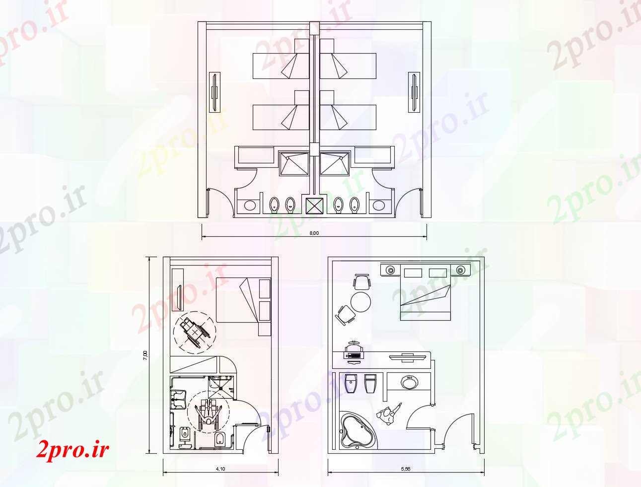 دانلود نقشه هتل - رستوران - اقامتگاه از اتاق هتل 700mtr X 410mtr با ابعاد جزئیات 7 در 8 متر (کد85614)