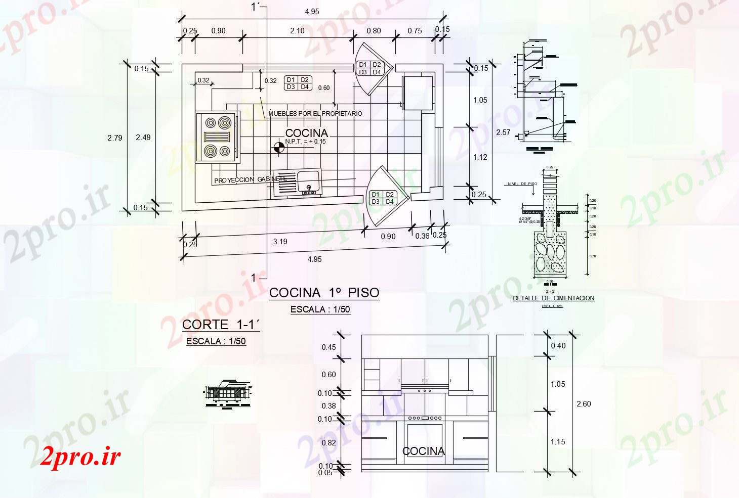 دانلود نقشه مسکونی ، ویلایی ، آپارتمان آشپزخانه 495mtr X 279mtr با ابعاد جزئیات 3 در 5 متر (کد85616)