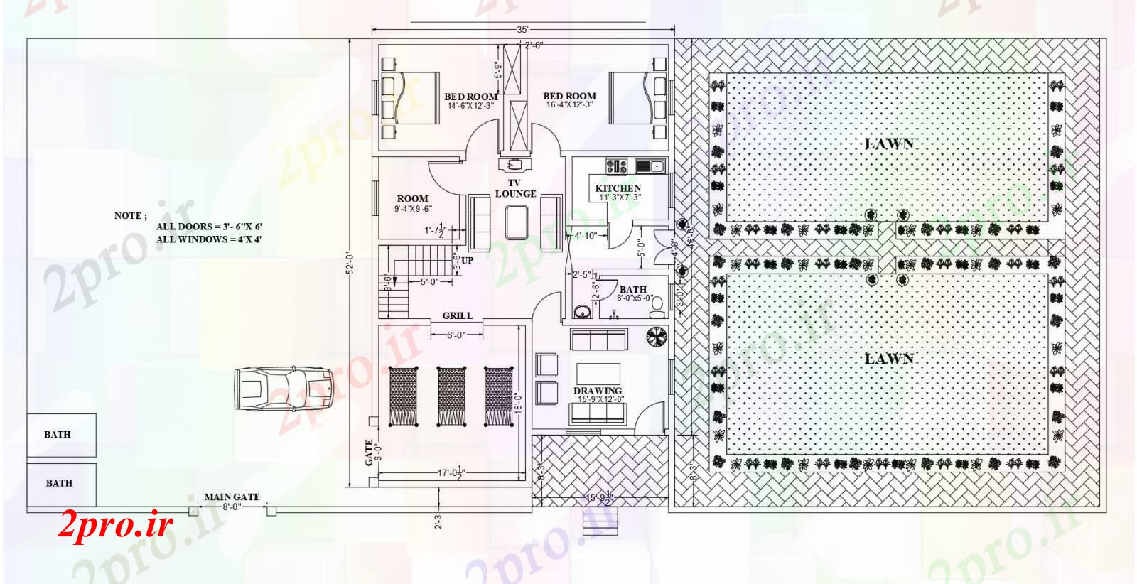 دانلود نقشه مسکونی ، ویلایی ، آپارتمان طرحی خانه 35 '× 52 با ابعاد جزئیات 10 در 15 متر (کد85626)