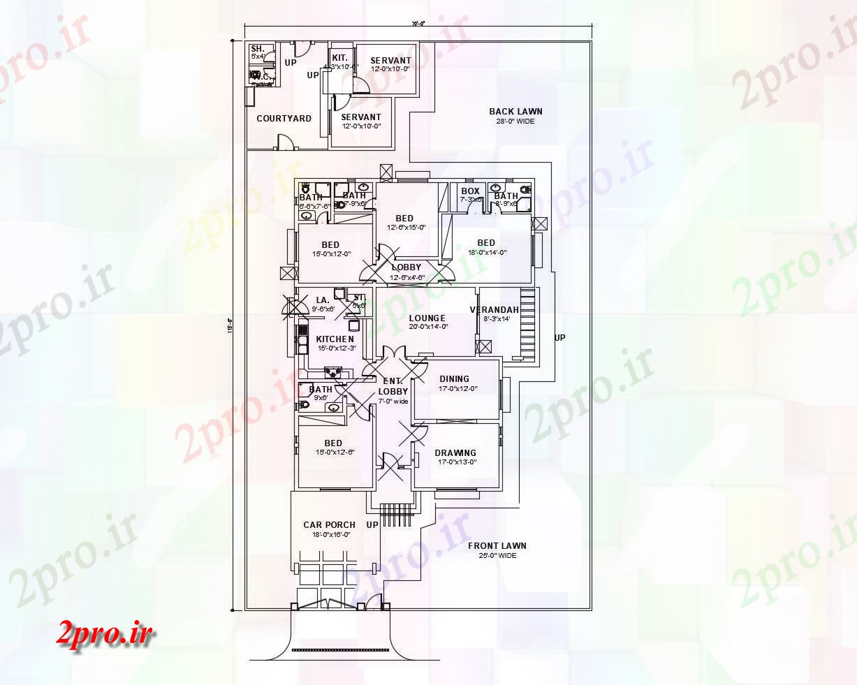 دانلود نقشه مسکونی ، ویلایی ، آپارتمان طرحی طبقه از خانه 70 'X 115 با جزئیات مبلمان 17 در 33 متر (کد85627)