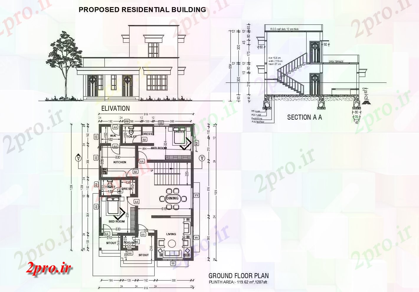 دانلود نقشه مسکونی ، ویلایی ، آپارتمان طرحی طبقه همکف خانه مسکونی 918mtr X 1326mtr با نما 9 در 12 متر (کد85628)