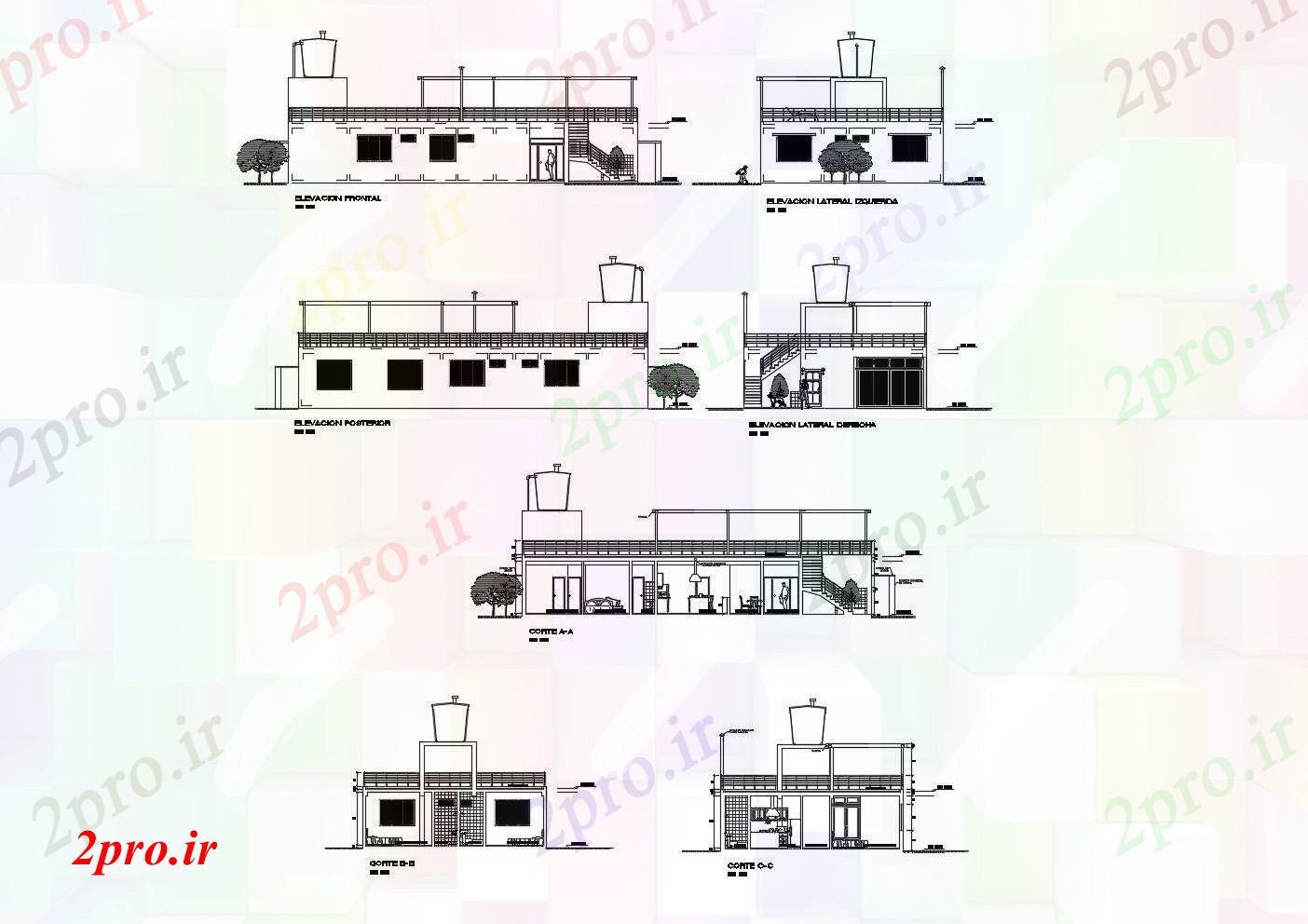 دانلود نقشه مسکونی ، ویلایی ، آپارتمان نما نشیمن از خانه با ابعاد جزئیات 10 در 20 متر (کد85640)