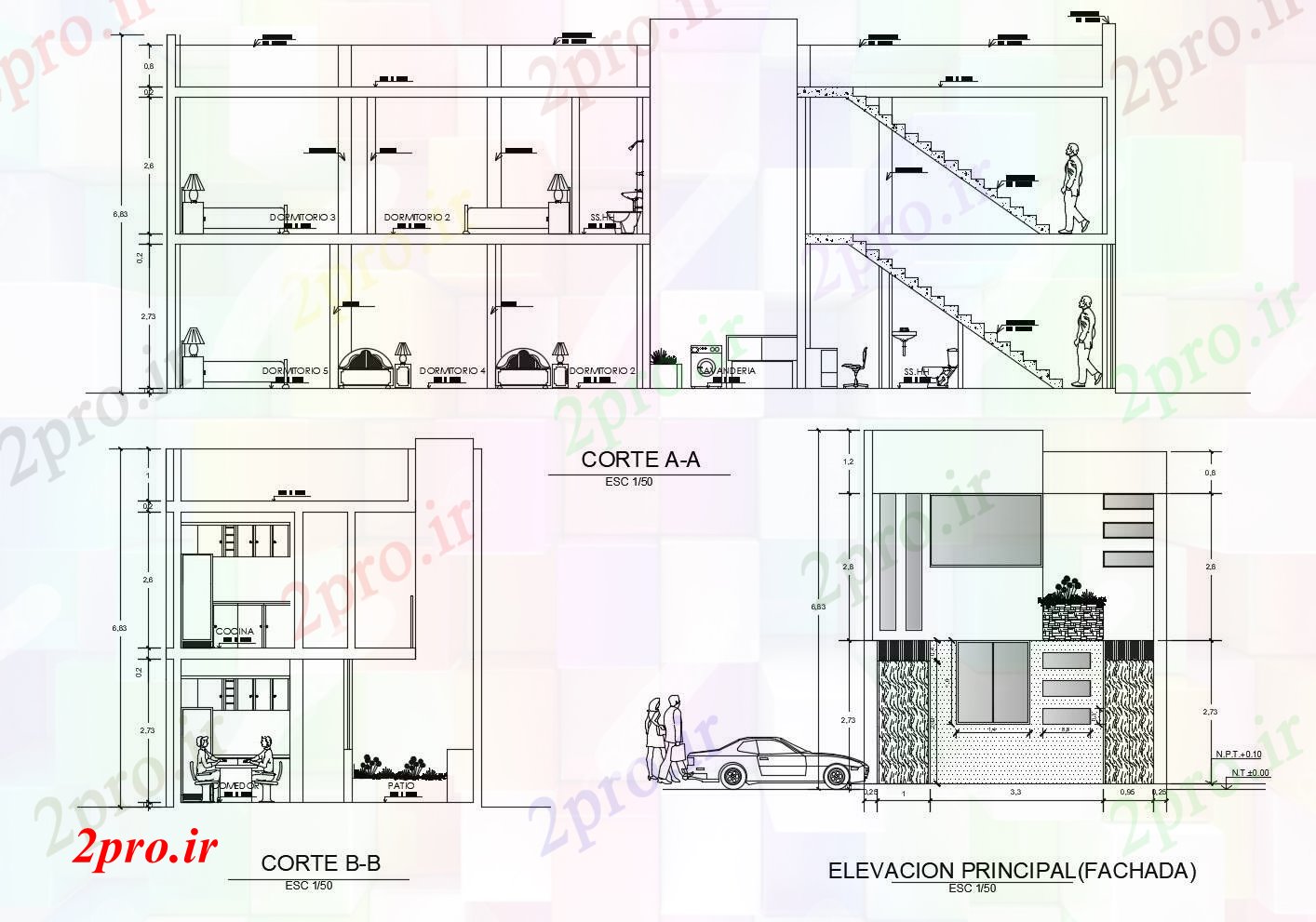 دانلود نقشه مسکونی ، ویلایی ، آپارتمان طبقه خانه با نما های مختلف 6 در 18 متر (کد85646)