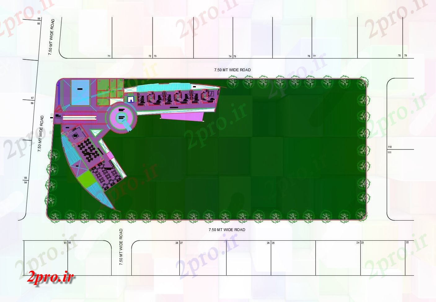 دانلود نقشه باشگاه طرحی سایت از محل باشگاه وانجمن با ابعاد جزئیات 43 در 60 متر (کد85659)