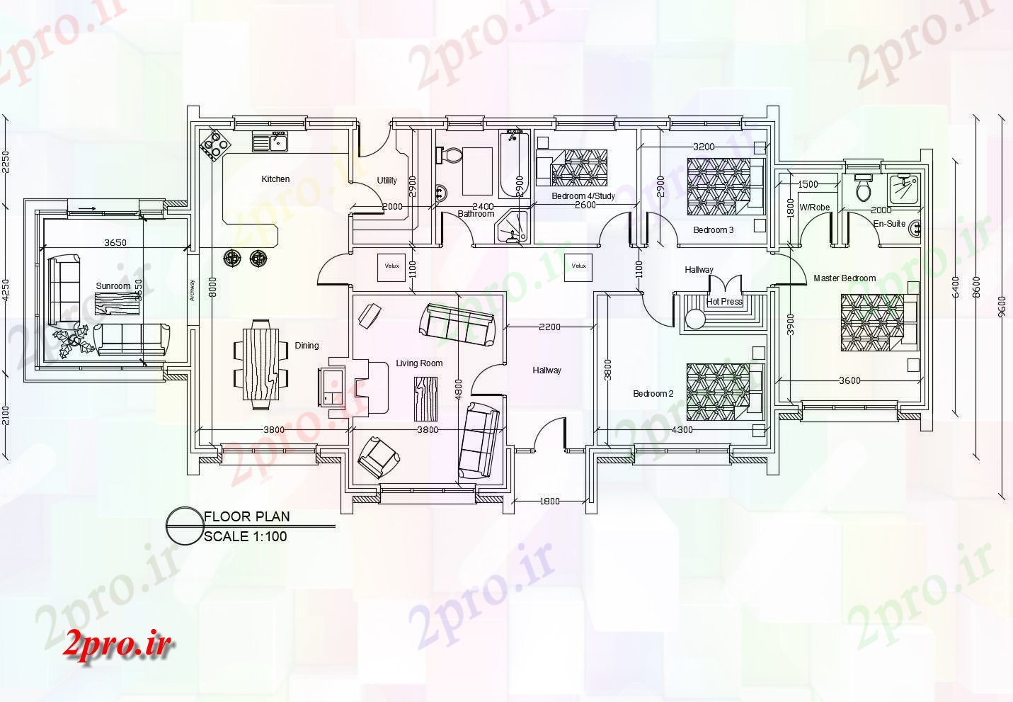 دانلود نقشه مسکونی ، ویلایی ، آپارتمان طرحی طبقه از خانه 23000mtr X 9600mtr با جزئیات مبلمان 10 در 23 متر (کد85665)