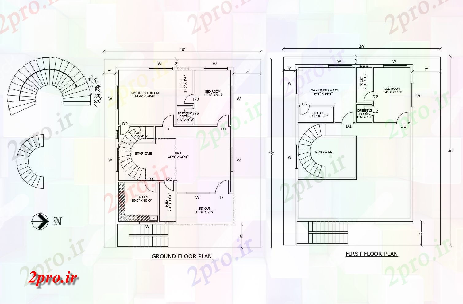 دانلود نقشه مسکونی ، ویلایی ، آپارتمان طرحی طبقه از خانه مسکونی 40 'X 48' با ابعاد جزئیات 8 در 12 متر (کد85682)