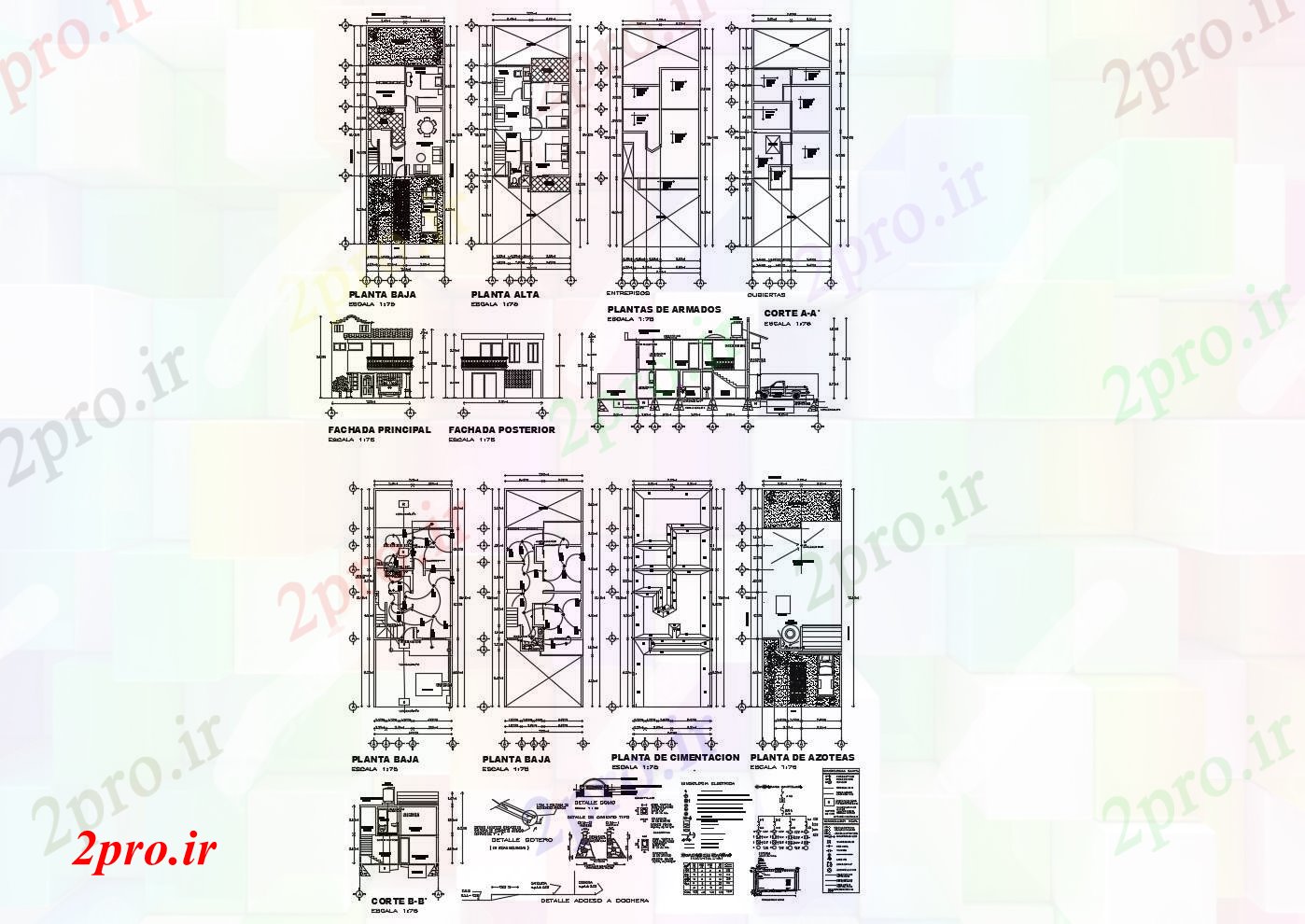 دانلود نقشه مسکونی ، ویلایی ، آپارتمان طبقه خانه 70mtr X 1945mtr با نما و بخش 7 در 19 متر (کد85684)