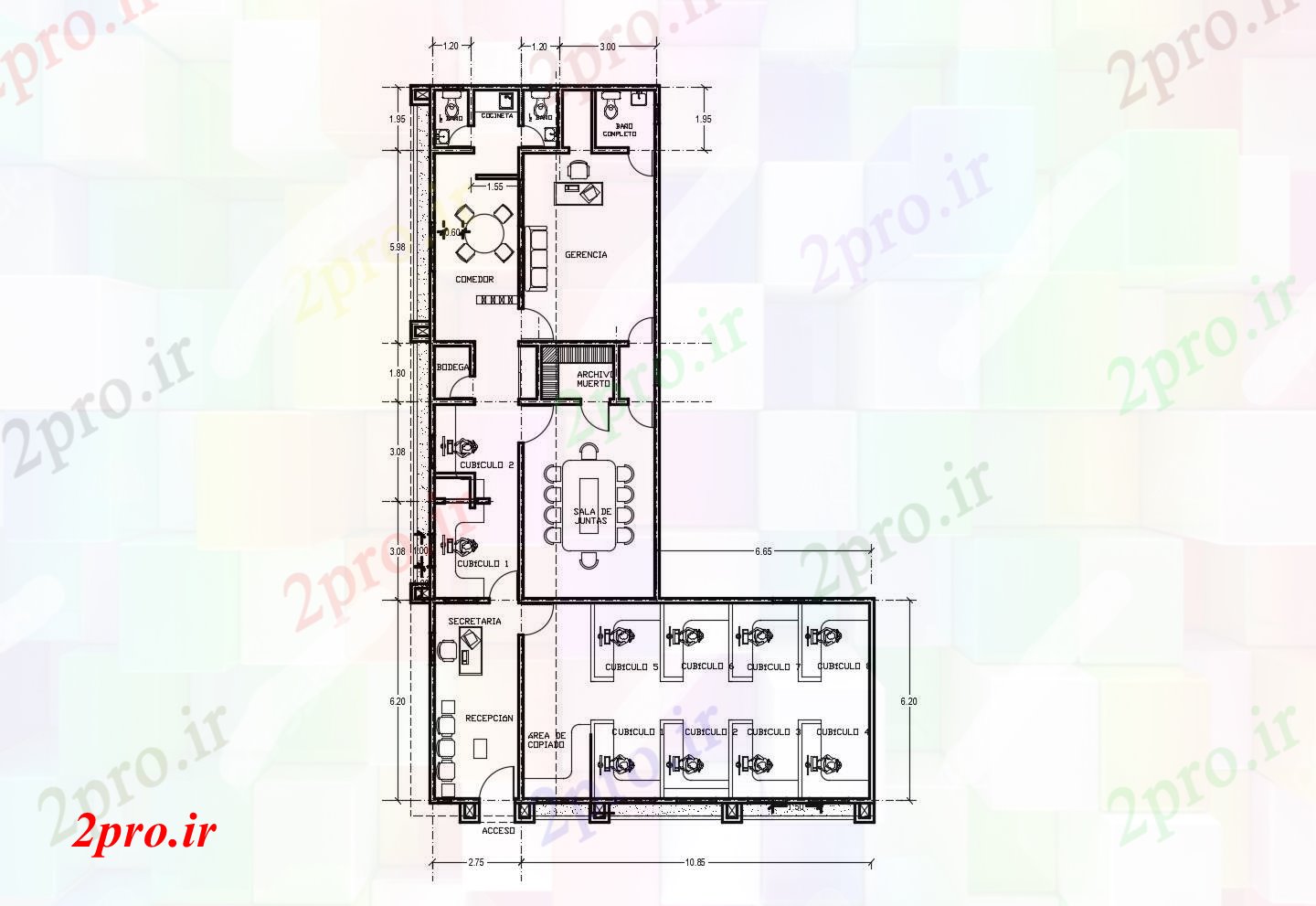 دانلود نقشه ساختمان اداری - تجاری - صنعتی اتوکد طراحی دفتر با ابعاد جزئیات 14 در 22 متر (کد85703)