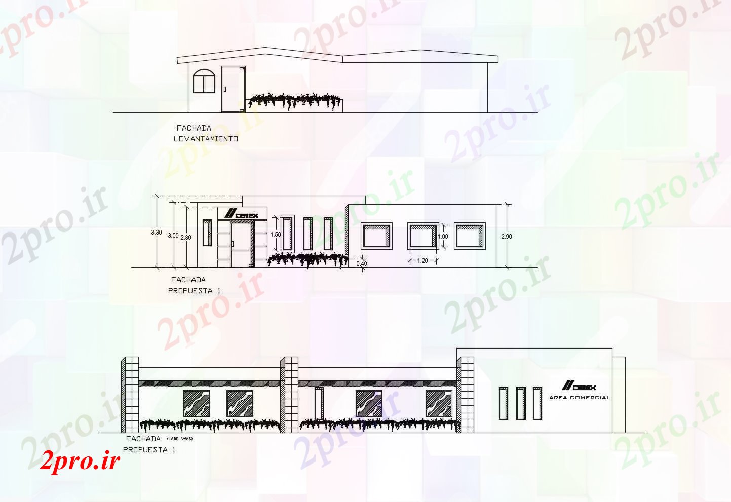 دانلود نقشه ساختمان اداری - تجاری - صنعتی اتوکد دفتر با نما مختلف 14 در 22 متر (کد85704)
