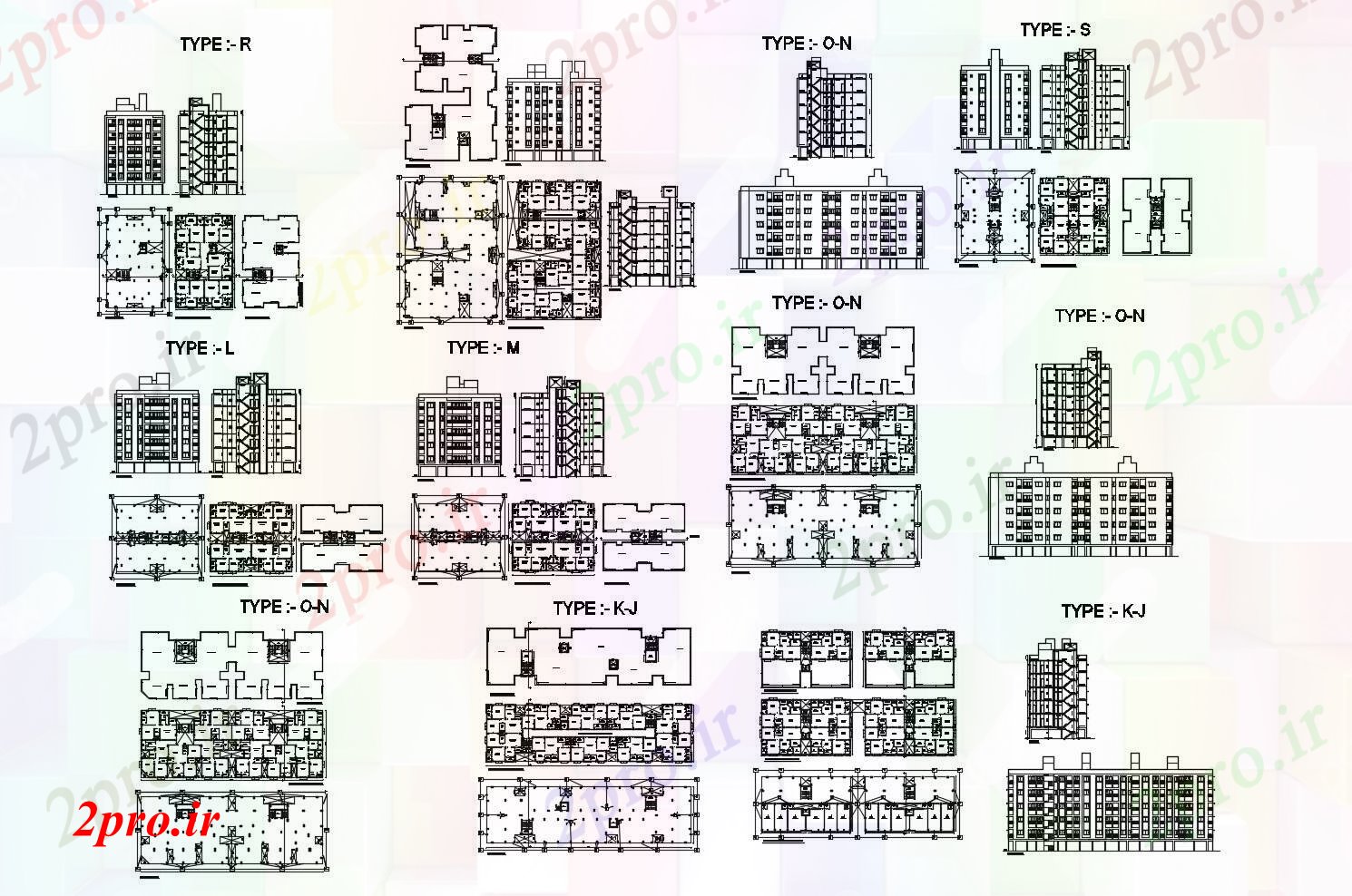 دانلود نقشه مسکونی  ، ویلایی ، آپارتمان   از آپارتمان   مسکونی 1993mtr X 1639mtr با نما (کد85709)