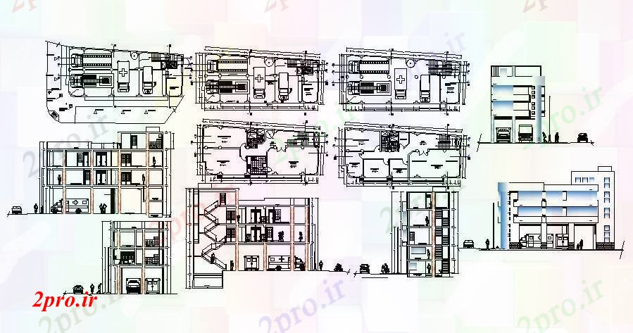 دانلود نقشه ساختمان دولتی ، سازمانی طرحی معماری از ساختمان اداری با نما و بخش 8 در 20 متر (کد85805)