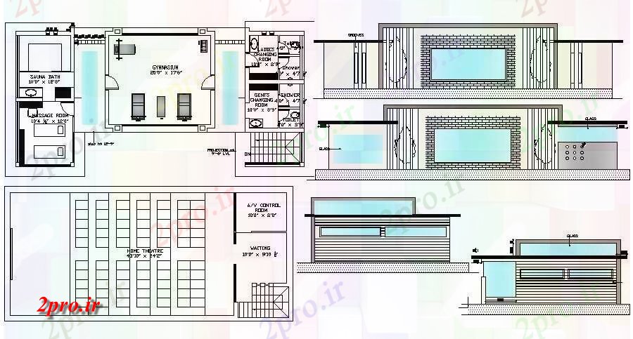دانلود نقشه معماری معروف طرحی طبقه همکف ورزشگاه با نما 8 در 17 متر (کد85832)