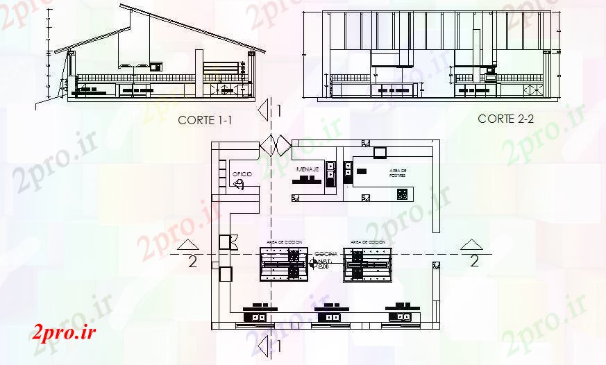 دانلود نقشه از آشپزخانه رستوران با ابعاد جزئیات 12 در 14 متر (کد85912)