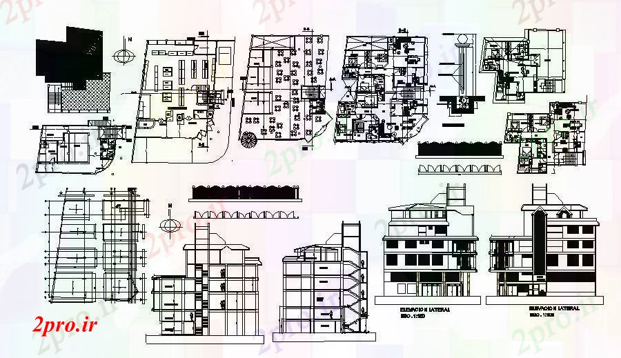 دانلود نقشه معماری معروف ساختمان چند منظوره با نما و بخش 16 در 21 متر (کد85939)