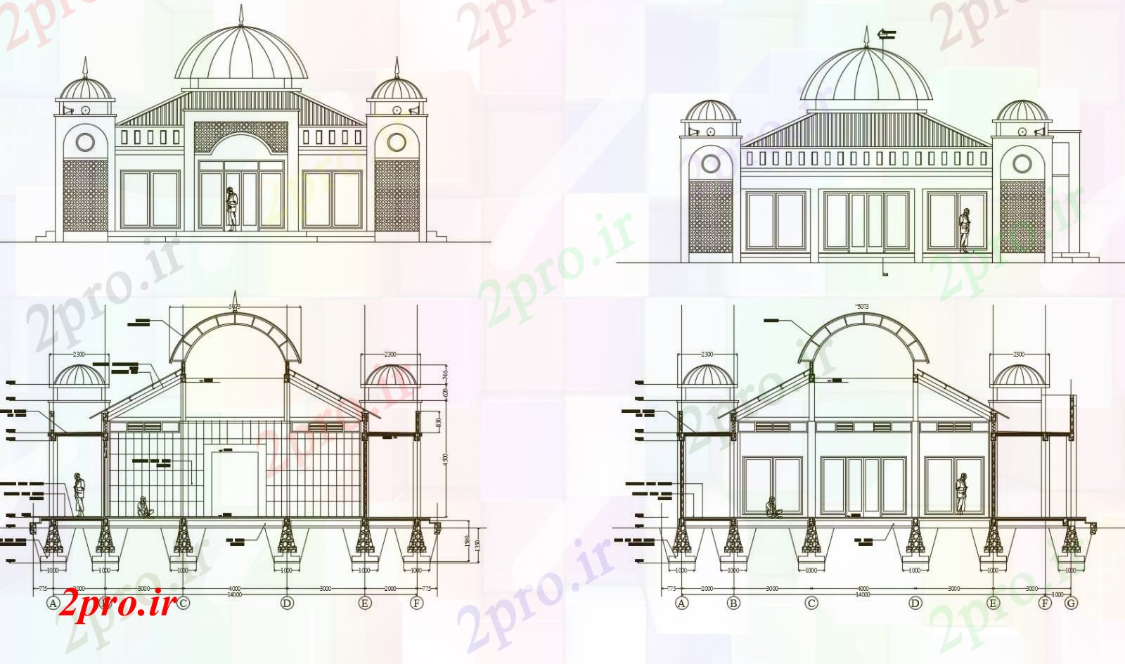 دانلود نقشه معماری معروف نما از طراحی های مسجد 10 در 15 متر (کد85963)