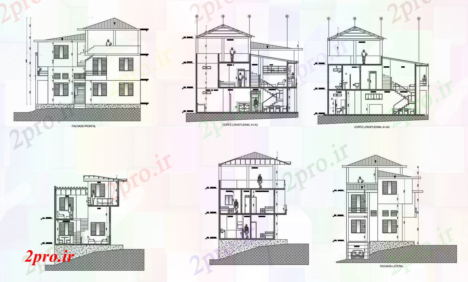 دانلود نقشه مسکونی ، ویلایی ، آپارتمان از 2 طبقه خانه با نما 7 در 11 متر (کد85983)