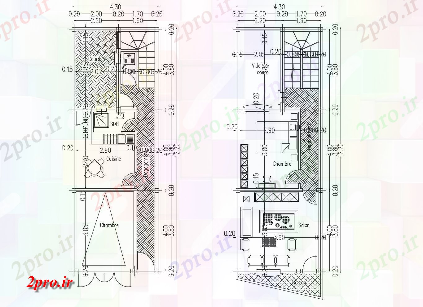 دانلود نقشه مسکونی ، ویلایی ، آپارتمان طرحی خانه های مسکونی 430mtr X 1220mtr با ابعاد جزئیات 4 در 12 متر (کد85988)