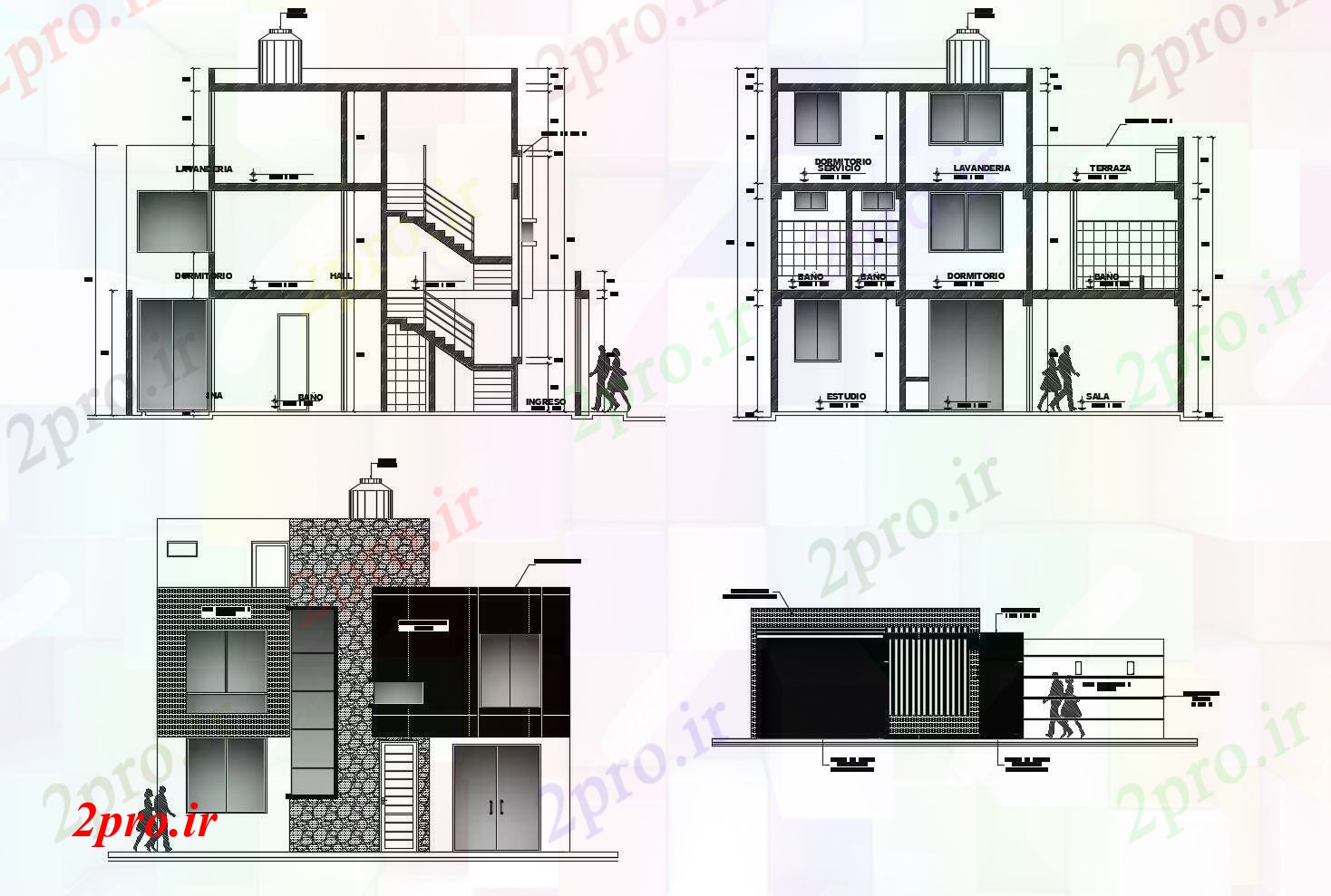 دانلود نقشه مسکونی ، ویلایی ، آپارتمان طبقه خانه های مسکونی با نما و بخش 10 در 12 متر (کد85989)