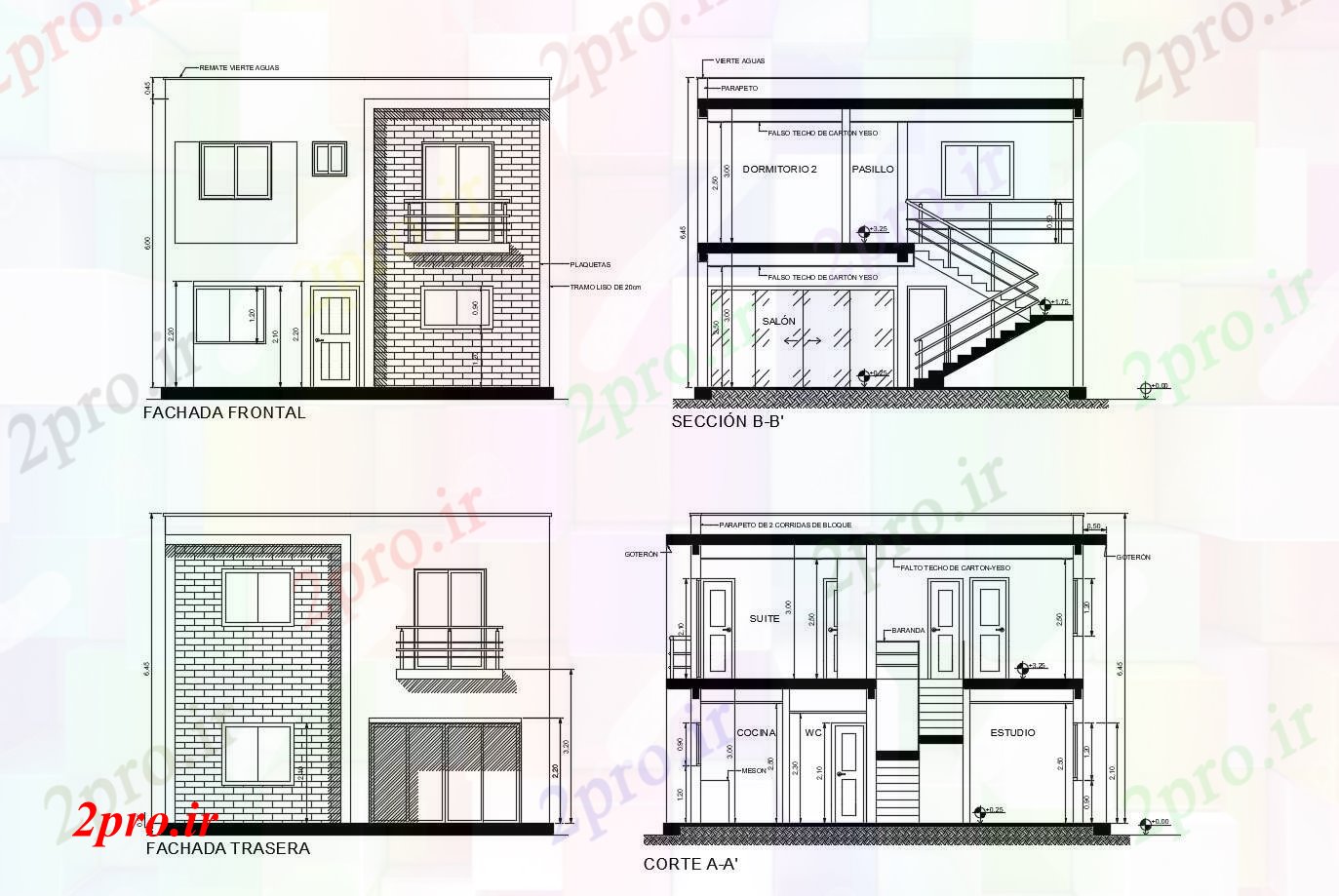 دانلود نقشه مسکونی ، ویلایی ، آپارتمان طبقه خانه با نما و بخش 8 در 8 متر (کد86038)