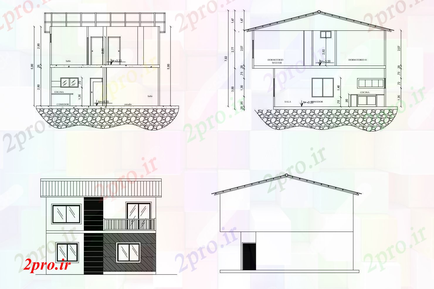 دانلود نقشه مسکونی ، ویلایی ، آپارتمان از 2 طبقه خانه با اطلاعات نما 7 در 8 متر (کد86063)