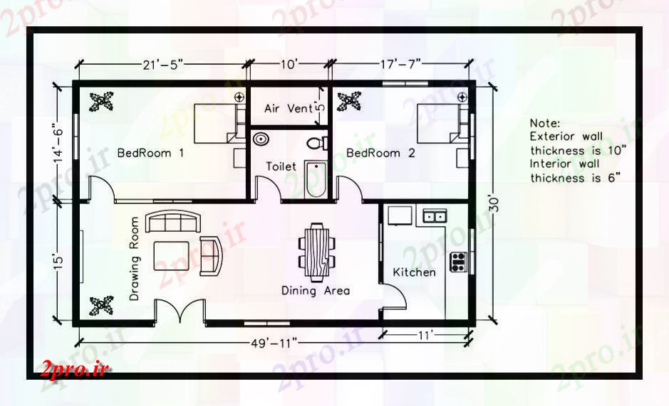 دانلود نقشه مسکونی ، ویلایی ، آپارتمان طرحی خانه مسکونی 1500 فوت مربع 9 در 15 متر (کد86081)