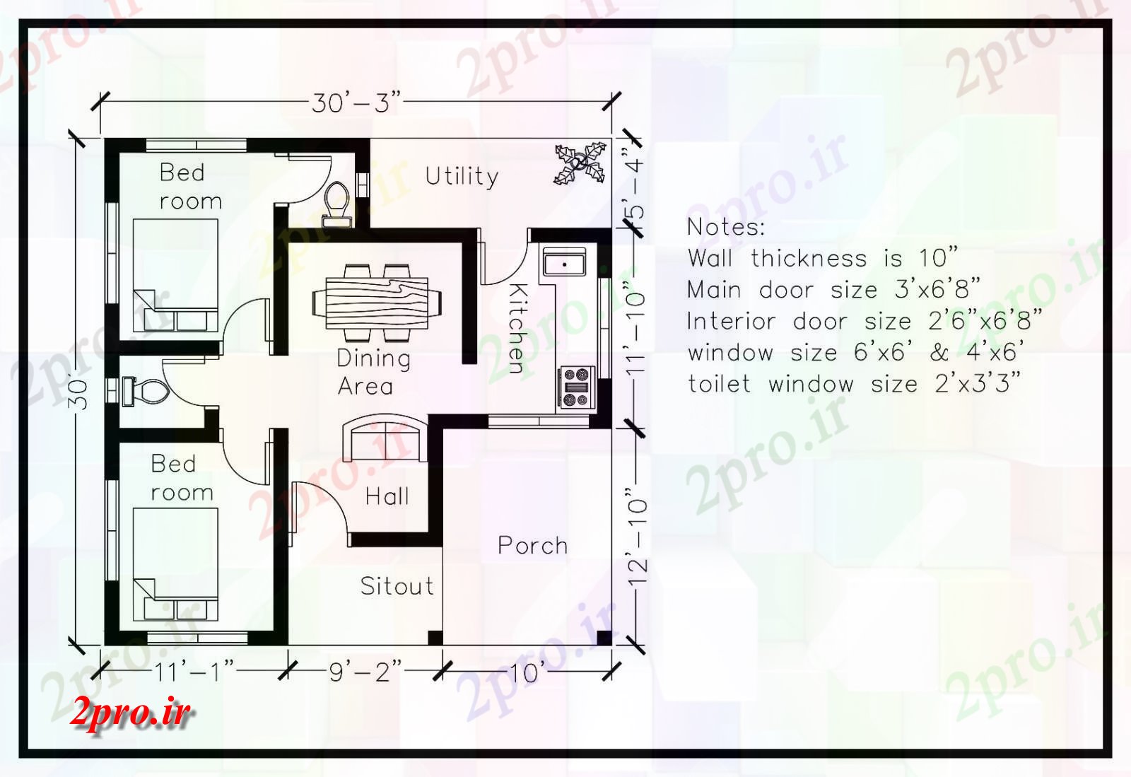 دانلود نقشه مسکونی ، ویلایی ، آپارتمان خانه مسکونی 900 فوت مربع 9 در 9 متر (کد86082)