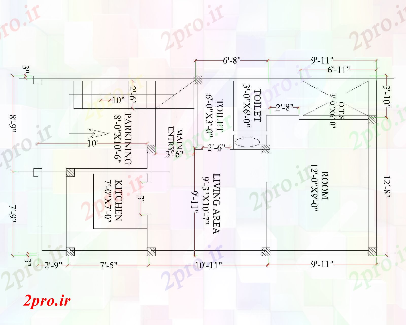 دانلود نقشه مسکونی ، ویلایی ، آپارتمان خانه با پلان طراحی و کار معدن 5 در 9 متر (کد86118)