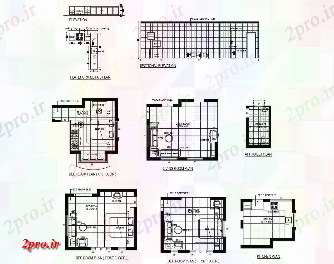 دانلود نقشه نشیمن طرحی مبلمان اتاق خواب و اتاق نشیمن 8 در 15 متر (کد86137)