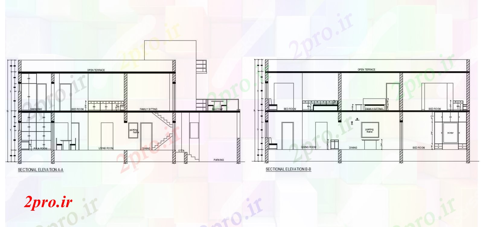 دانلود نقشه مسکونی ، ویلایی ، آپارتمان نما مقطعی اقامت 36 در 66 متر (کد86138)