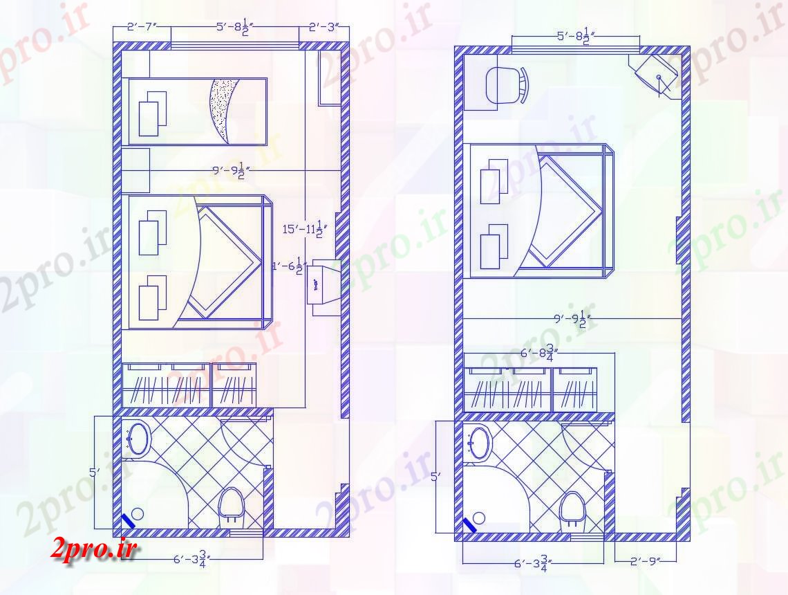 دانلود نقشه اتاق خواب مستر دار طرحی زوم اتاق خواب اد 3 در 6 متر (کد86140)