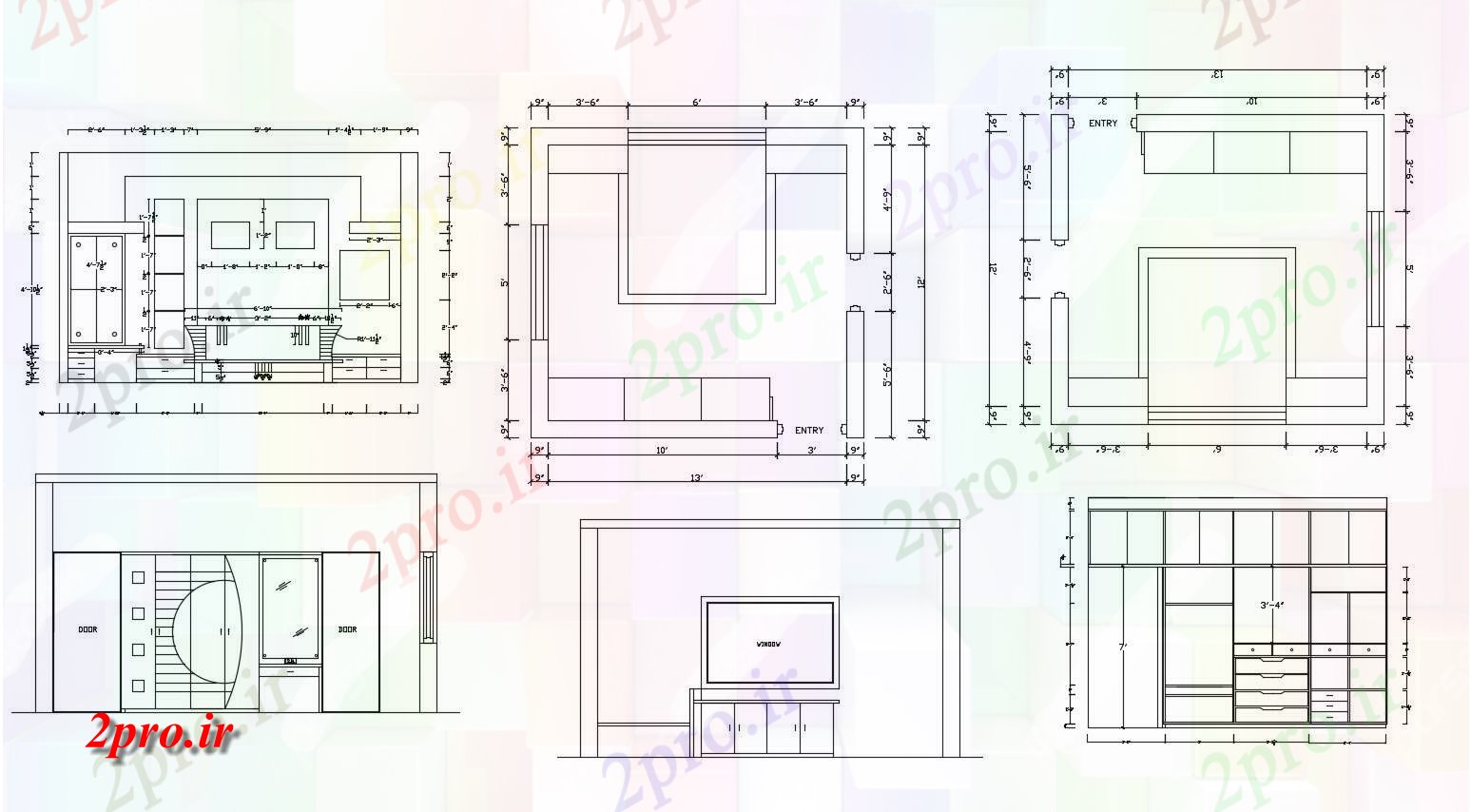 دانلود نقشه اتاق خواب مستر دار طرحی اتاق خواب اصلی  با نما (کد86189)
