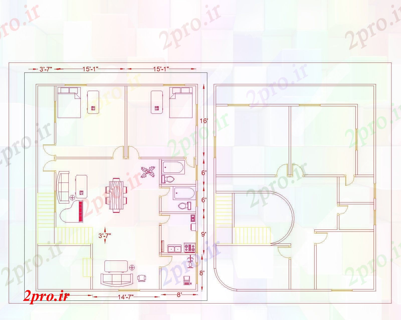 دانلود نقشه مسکونی ، ویلایی ، آپارتمان ساختمان دوبلکس 12 در 15 متر (کد86211)